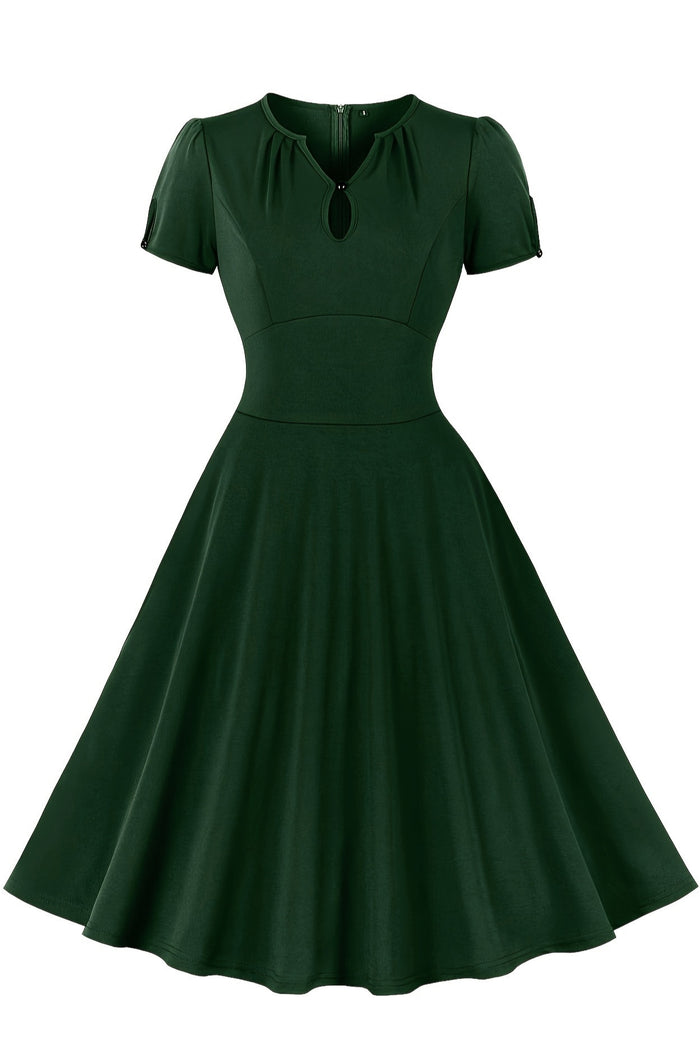 Hunter Green Short Sleeves A-line V Neck Vintage Dress