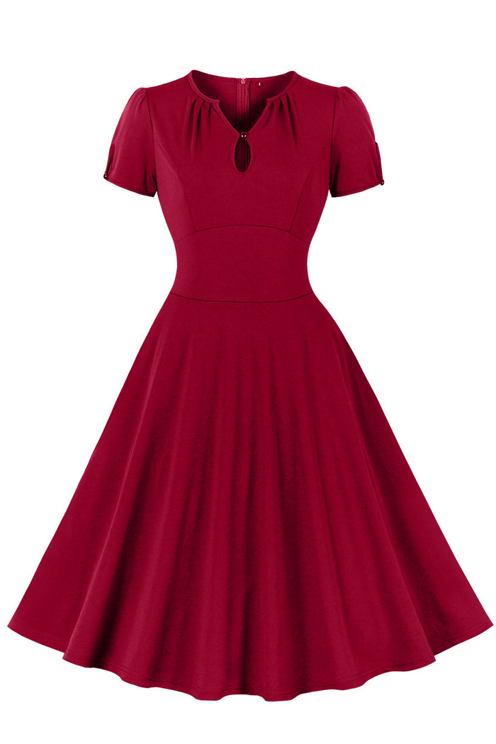 Red Short Sleeves A-line V Neck Vintage Dress