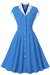Herbene Blue Lapel A-line Vintage Dress