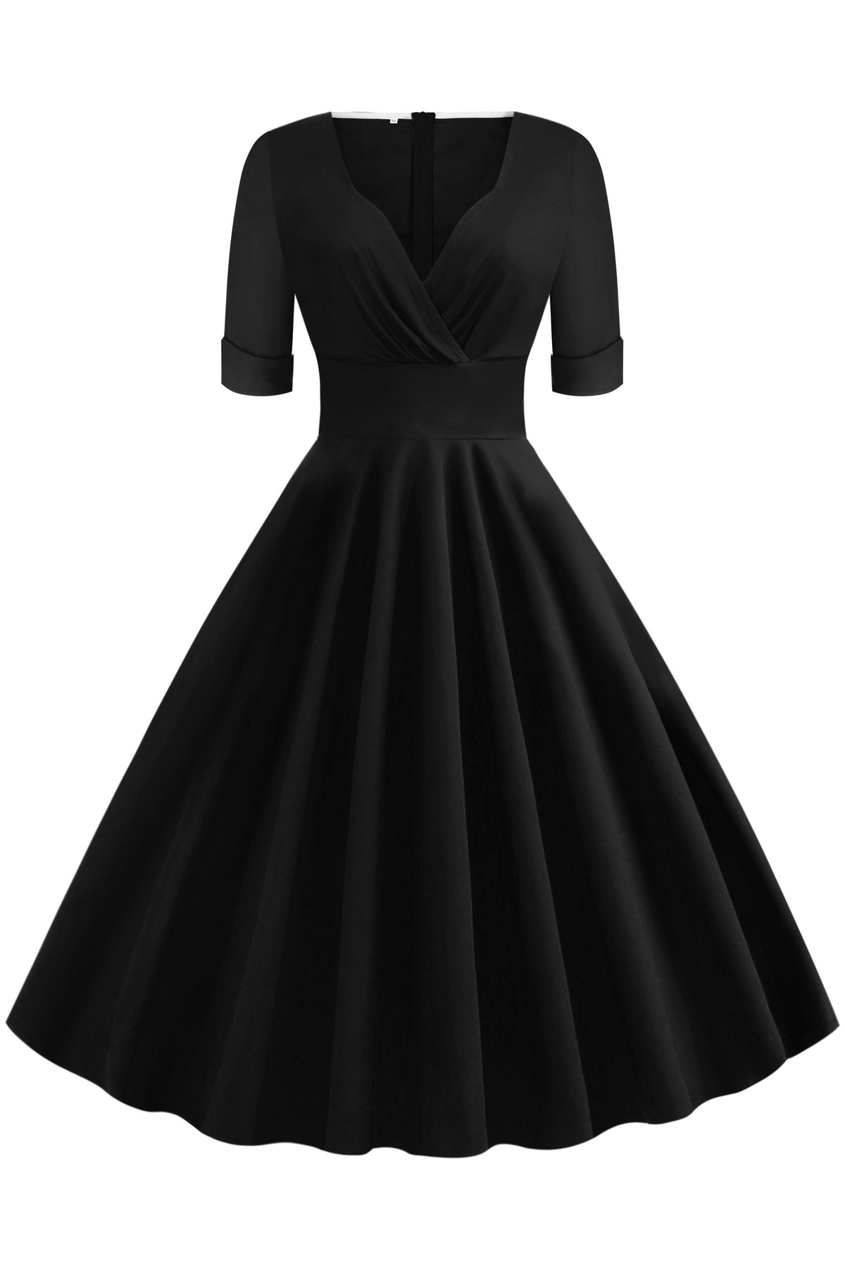 Black Surplice A-line Short Sleeves Vintage Dress