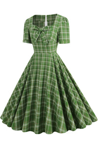 Herbene Green Plaid A-line Dress with Bow