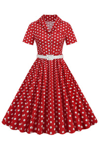 Red Lapel Dotted A-line Vintage Dress with Belt