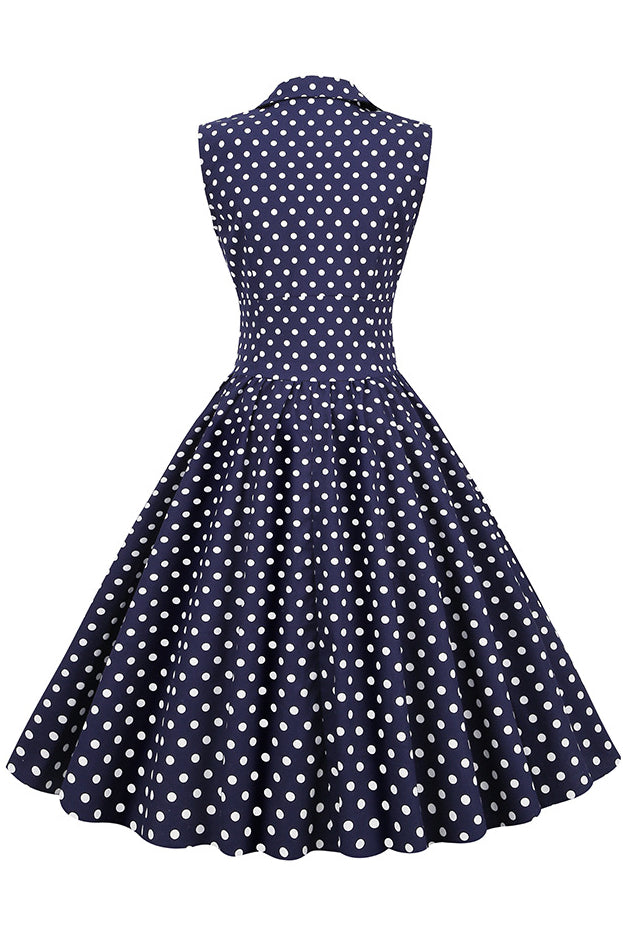 Dark Navy Lapel Dotted Sleeveless A-line Vintage Dress