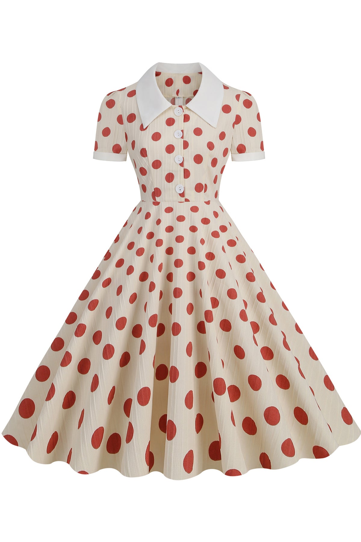 Herbene Apricot Shirt Collar A-line Dress with Red Dot