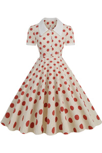 Herbene Apricot Shirt Collar A-line Dress with Red Dot