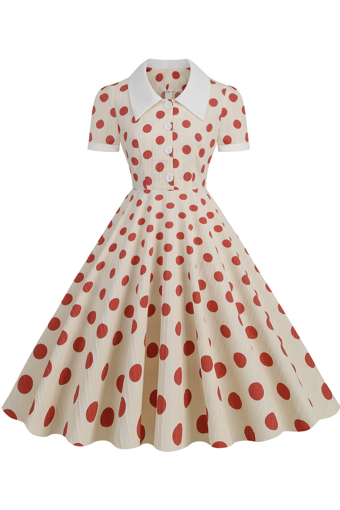 Herbene Apricot Shirt Collar A-line Dress with Red Dot