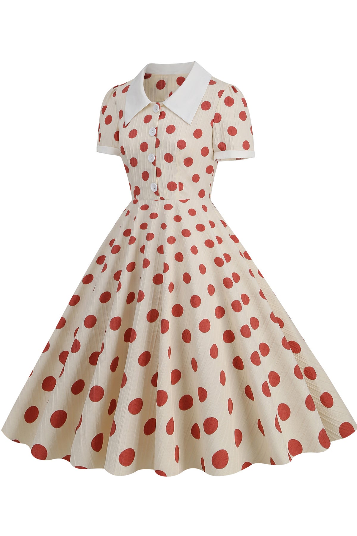 Herbene Apricot Shirt Collar A-line Dress with Red Dot