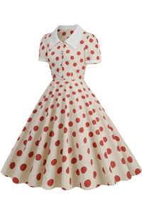 Herbene Apricot Shirt Collar A-line Dress with Red Dot