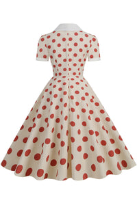 Herbene Apricot Shirt Collar A-line Dress with Red Dot