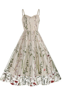 Apricot Spaghetti Straps Embroidery A-line Vintage Dress