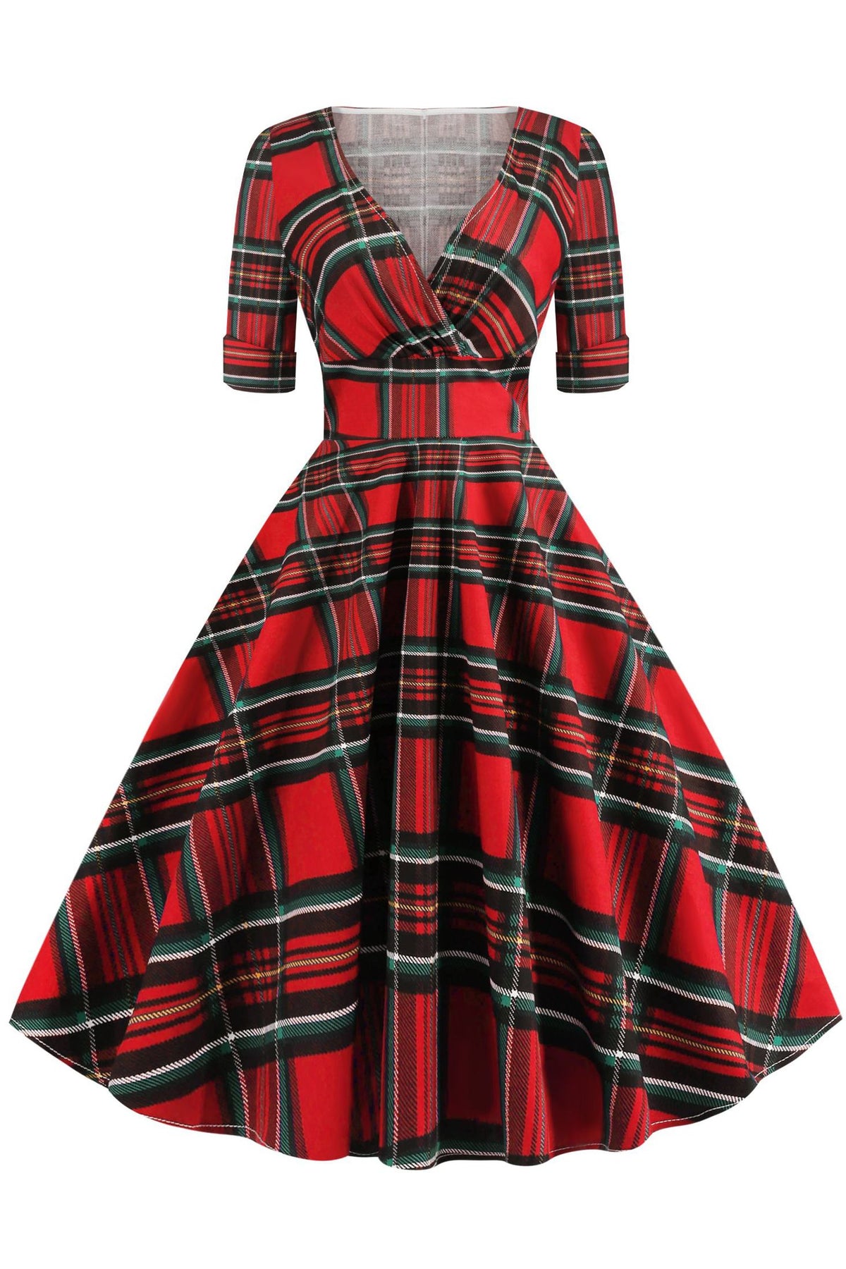 Red Surplice A-line Vinatge Dress with Green Plaid