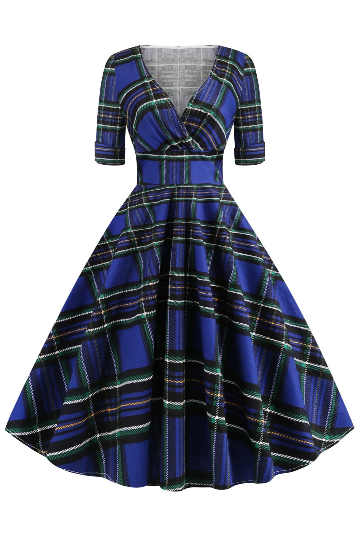 Blue Surplice A-line Vinatge Dress with Green Plaid