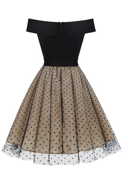 Apricot A-line Off-Shoulder Dotted Vintage Dress