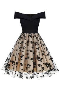 Apricot A-line Off-Shoulder Floral Vintage Dress