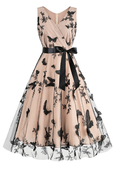 Apricot Sleeveless Surplice A-line Butterfly Vintage Dress with Sash