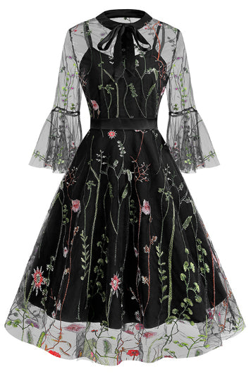 Black Illusion Neck Bell Sleeves A-line Vintage Dress with Floral
