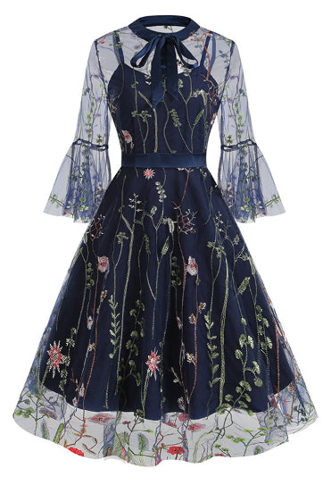 Dark Nacy Illusion Neck Bell Sleeves A-line Vintage Dress with Floral