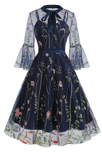 Dark Nacy Illusion Neck Bell Sleeves A-line Vintage Dress with Floral