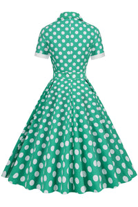 Herbene Green Dot Shirt Collar A-line Dress