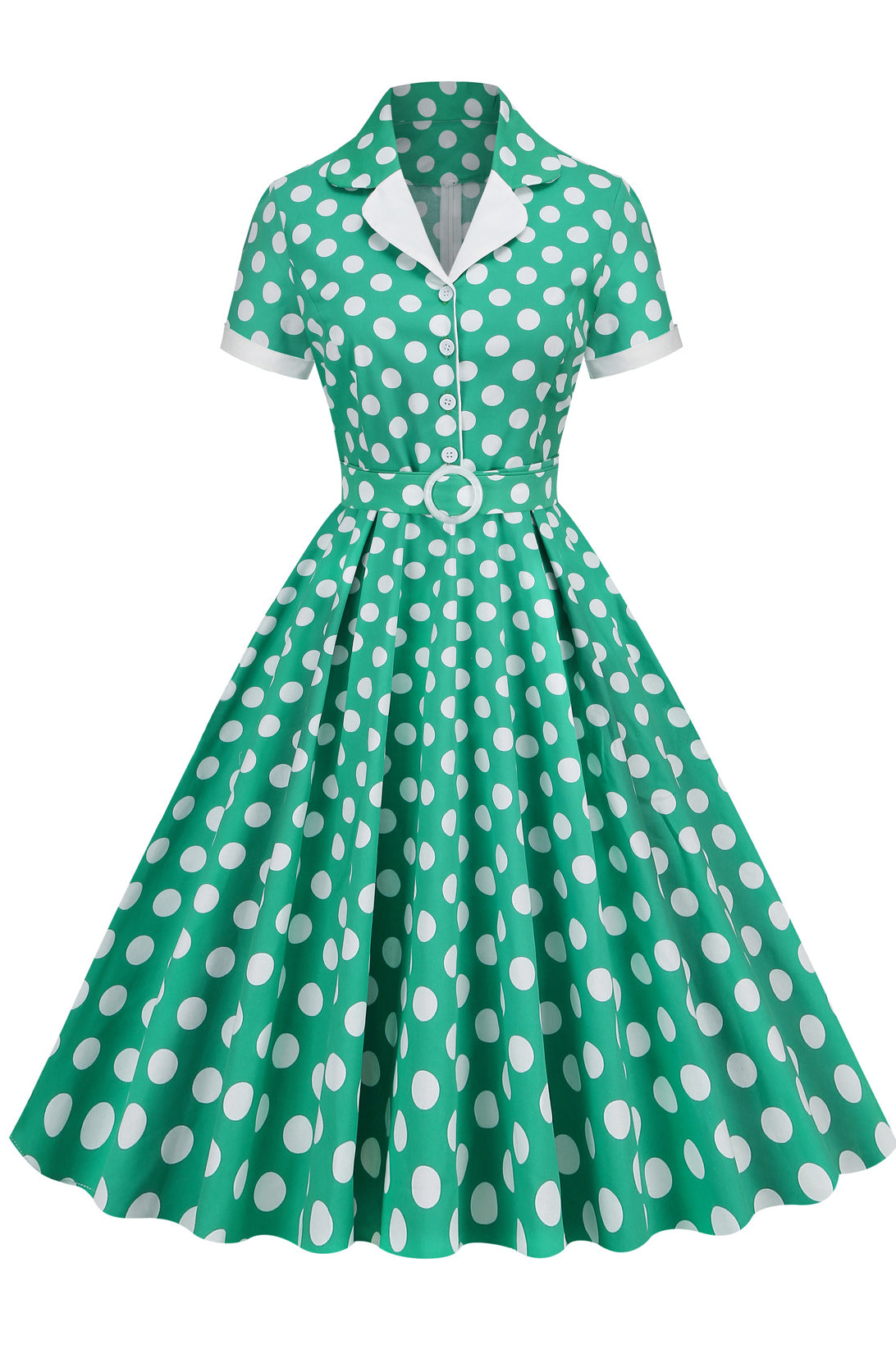 Herbene Green Dot Shirt Collar A-line Dress