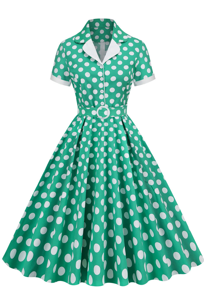 Herbene Green Dot Shirt Collar A-line Dress