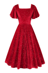Red Beaded Flaunt Sleeves Square Neck Vintage Dress