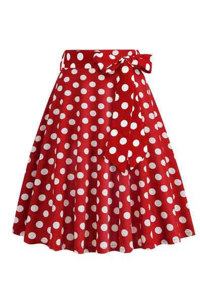 Red Dotted A-line Skirt with Bow