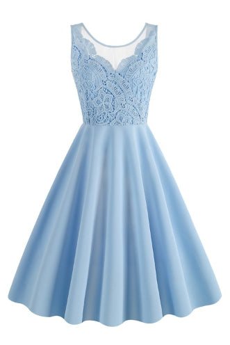 Light Blue Sleeveless Lace Top A-line Vintage Dress