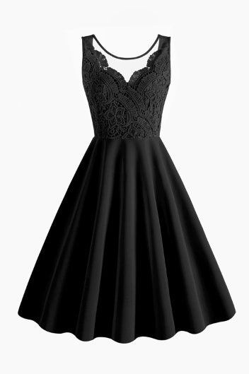Black Sleeveless Lace Top A-line Vintage Dress