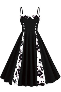 Black Floral A-line Spaghetti Straps Vintage Dress