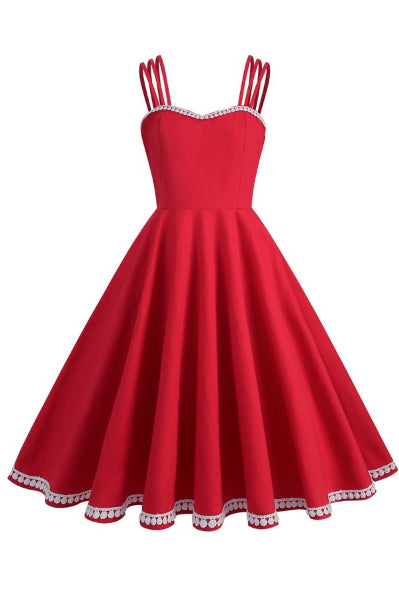 Red Spaghetti Straps Lace A-line Vintage Dress
