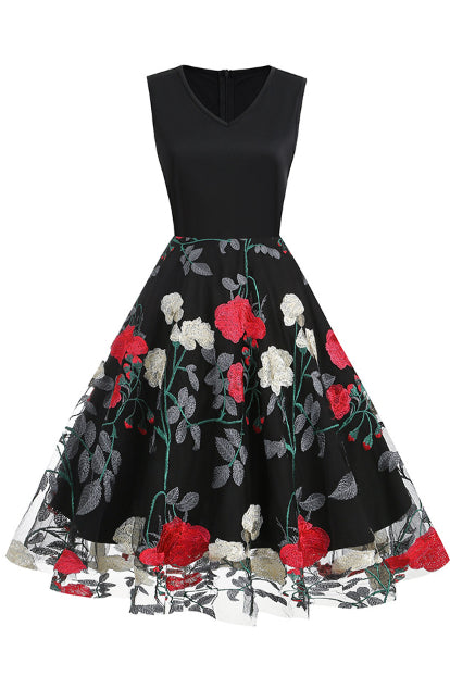 Black Floral Embroidery A-line Sleeveless Vintage Dress