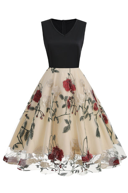 Apricot Floral Embroidery A-line Sleeveless Vintage Dress