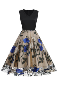 Black Floral Embroidery A-line Sleeveless Vintage Dress