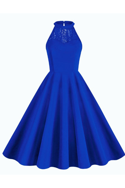 Royal Blue Illusion Neck Halter A-line Vintage Dress