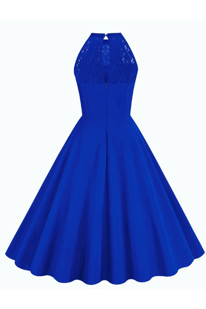 Royal Blue Illusion Neck Halter A-line Vintage Dress