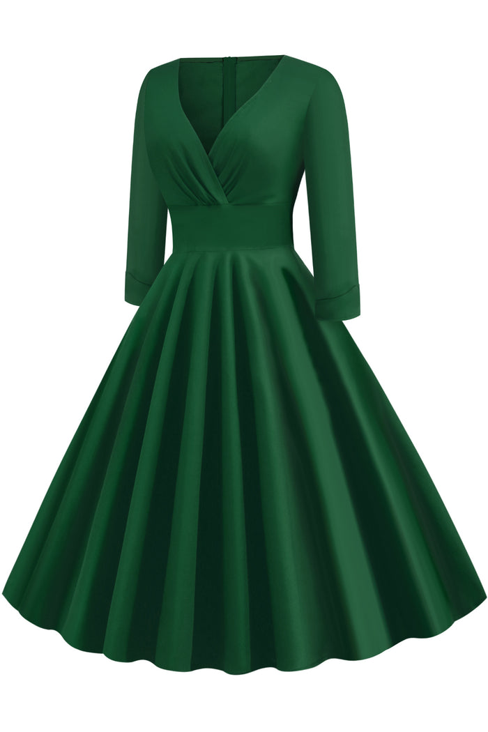 Hunter Green Surplice 1/2 Sleeves A-line Vintage Dress
