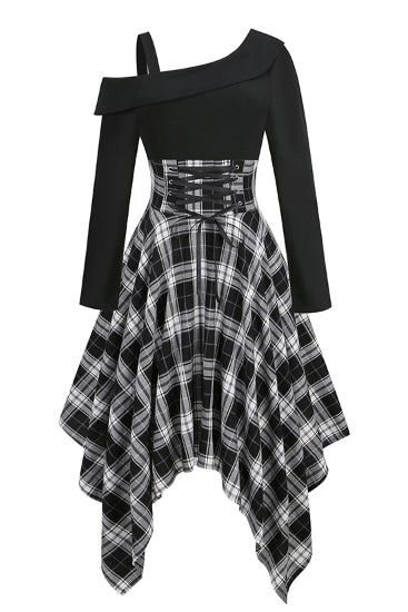 Black Plaid Asymmetrical Long Sleeves A-line Vintage Dress
