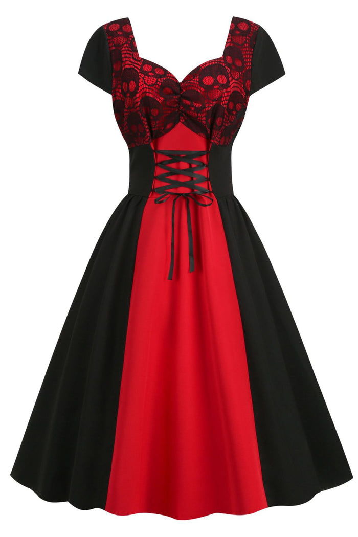 Red Cap Sleeves Lace A-line Lace-Up Vintage Dress