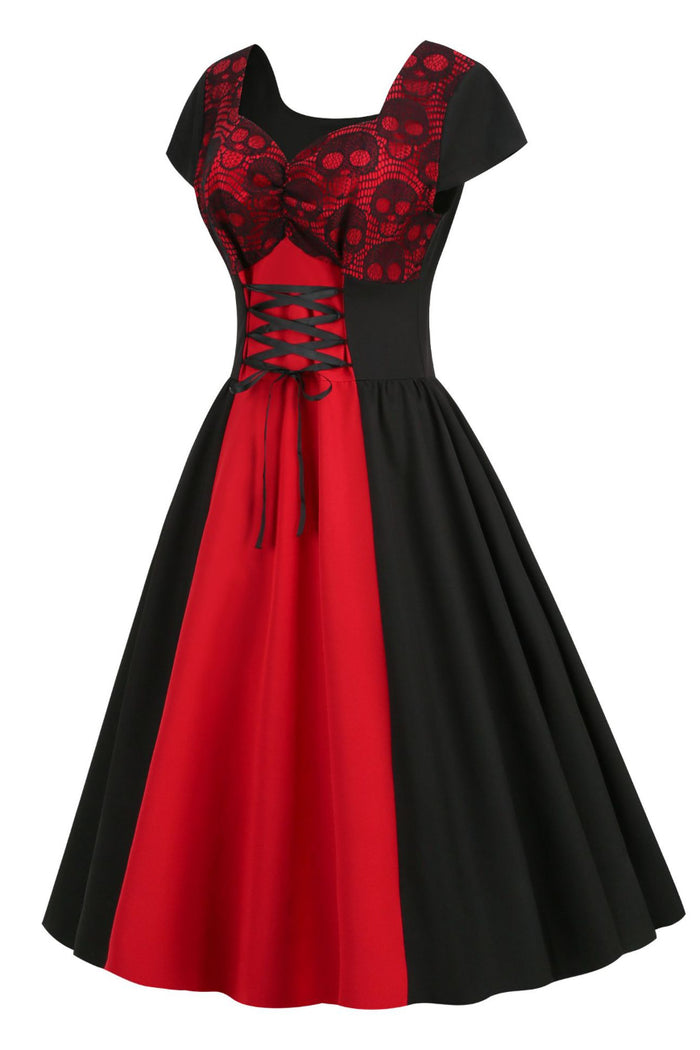 Red Cap Sleeves Lace A-line Lace-Up Vintage Dress