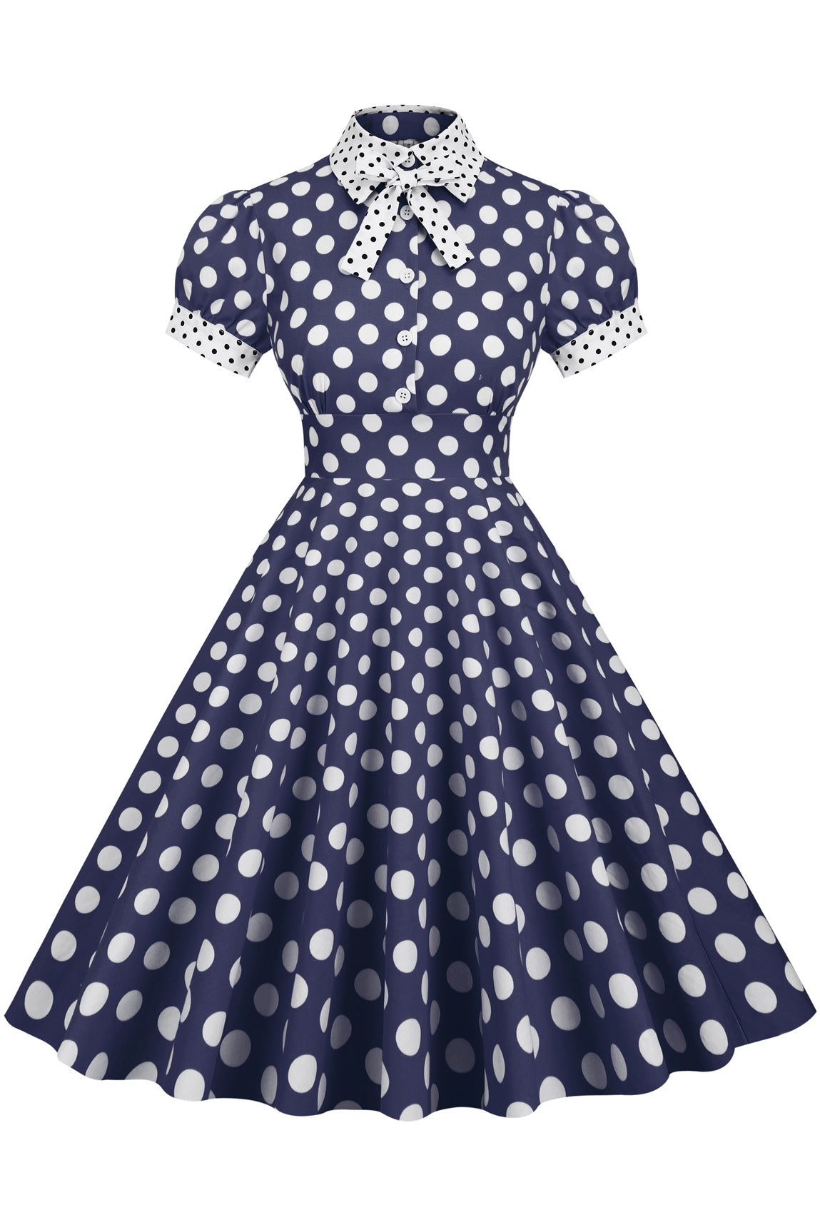 Herbene Navy Blue Shirt Collar A-line Dress