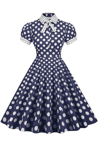 Herbene Navy Blue Shirt Collar A-line Dress