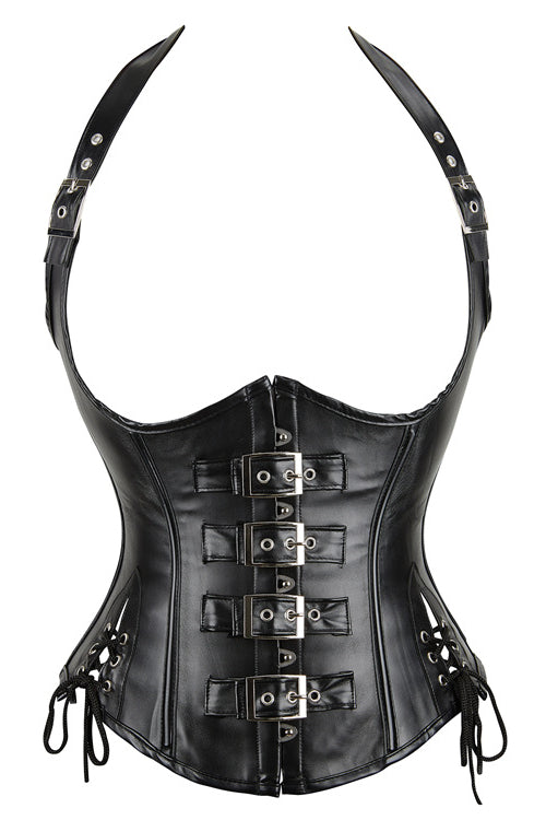 Gothic Black Halter Leather Lace-Up Bustier Corset Top