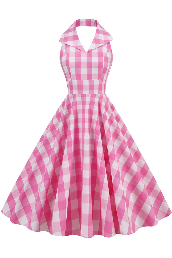 Herbene Pink Plaid Halter Dress