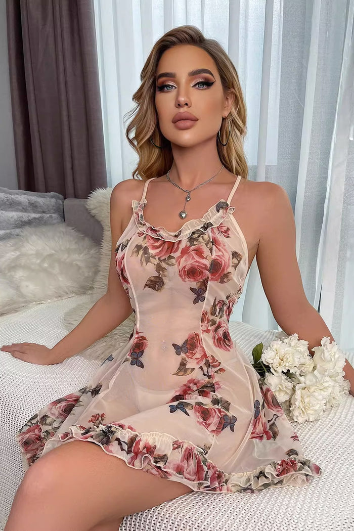 Pink Ruffle Floral Cross Back Illusion Lingerie