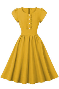 Blue Puff Sleeves Buttons Ruffled A-line Vintage Dress