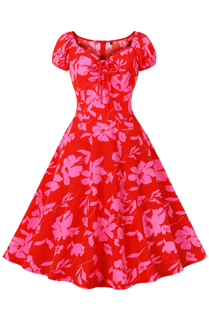 Red Floral A-line Elastic Straps Vintage Dress