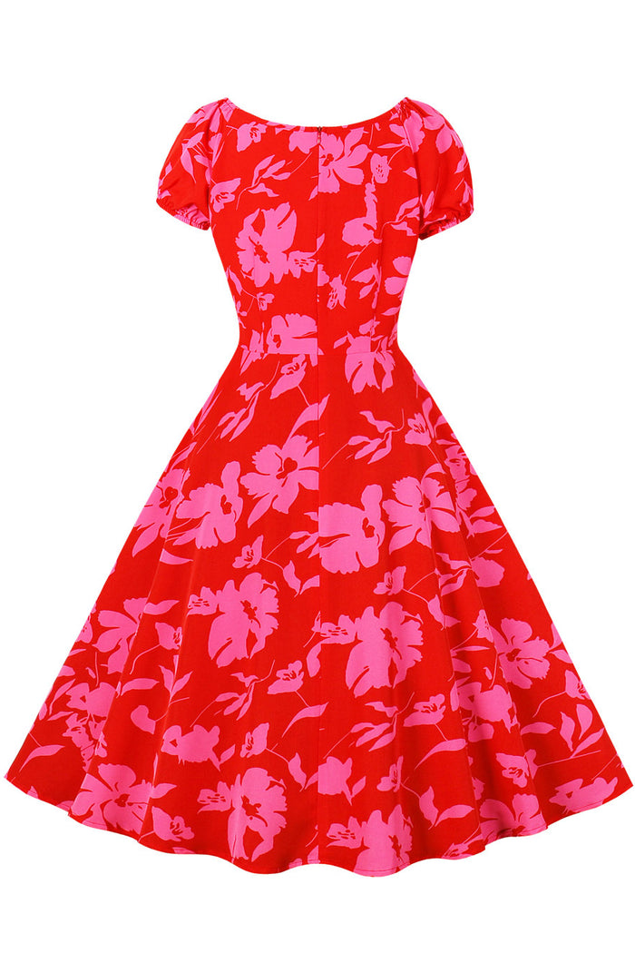 Red Floral A-line Elastic Straps Vintage Dress