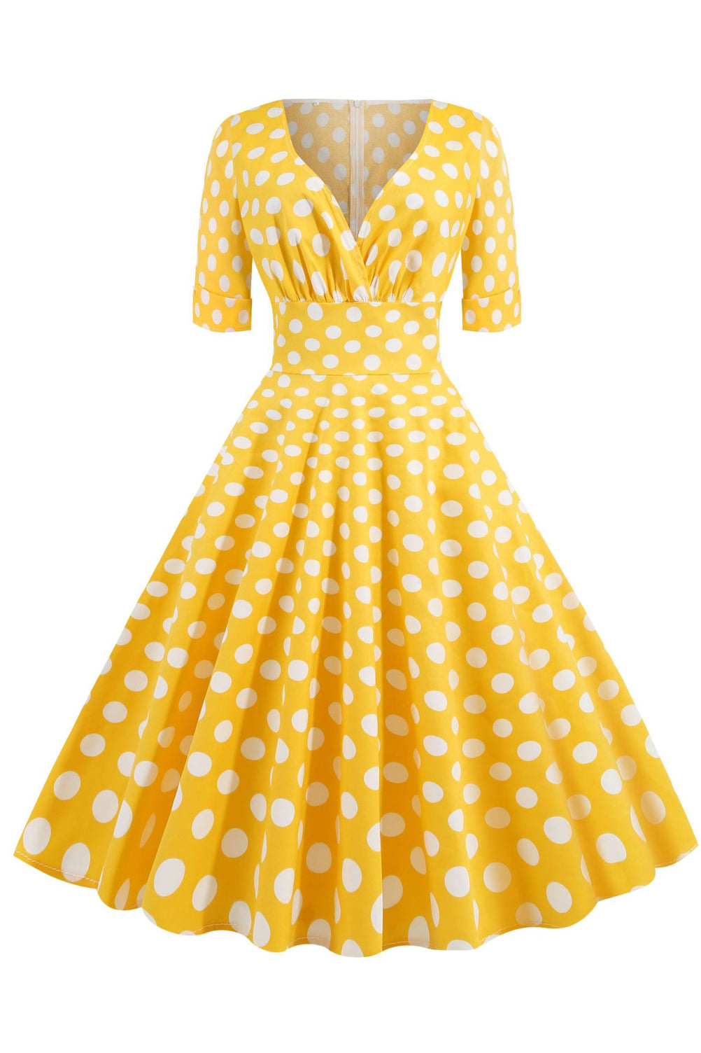 Yellow Dot Surplice Short Sleeves A-line Vintage Dress