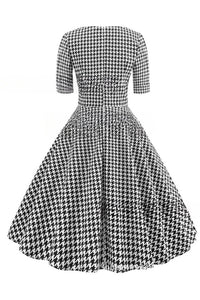 Black and White Plaid V Neck Short Sleeves A-line Vintage Dress